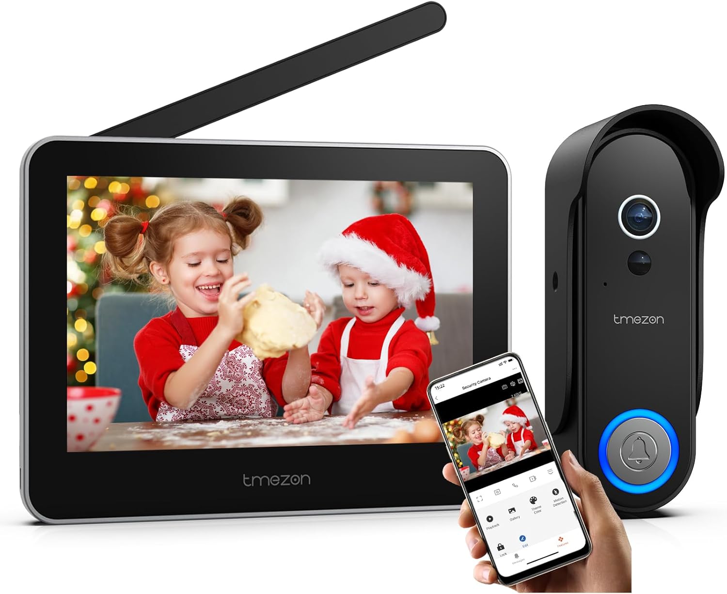 Wideodomofon z panelem zewnętrznym kamerą i smartfonem pokazującym otwartą aplikację mobilną